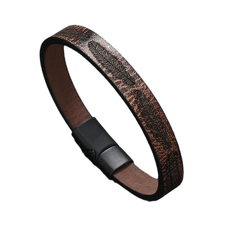 Wholesale Men Jewelry Leaf Engraving Leather Bracelet with Magnetic Clasp