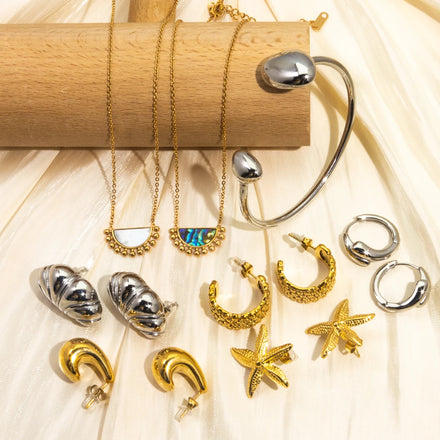 2024 Waterproof Stainless Steel Jewelry Gold Plated Starfish Earrings Open Bracelets Bangles Natural Shell Fan Weddings Zircon