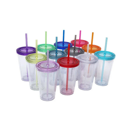 STARLII Custom Logo 16 Oz Clear Plastic Double Wall Tumbler Cups With Lid and Straw
