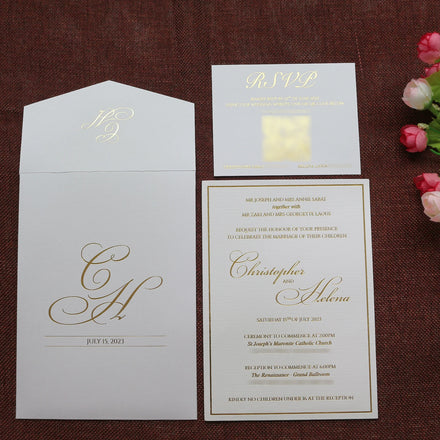 Elegant Linen Paper Christian Wedding Invitation Invite Card for Marriage With RSVP Card and Pocket