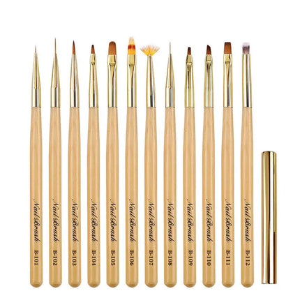 Custom Logo 12Pcs White Wooden Handle Gold Ferrule UV Gel Acrylic Nail Art Brush Set for Nail Design