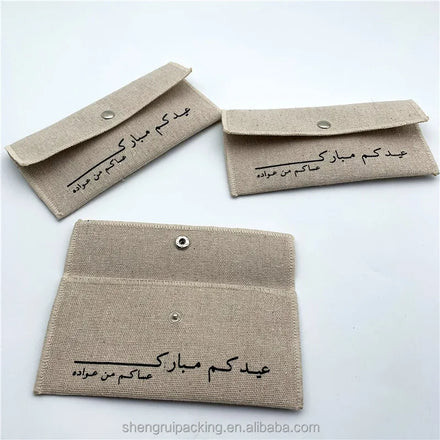 Custom Silver Button Closure Linen Jute Packaging Pouch for Hair Clip Linen Jewelry Pouch With Flap