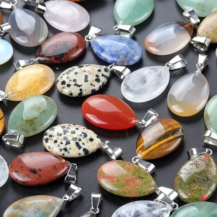 Natural Stone Pendants Flat Waterdrop Shape Polished Mixed Crystal Agate Stone Charms for Jewelry Making Necklace Bracelet