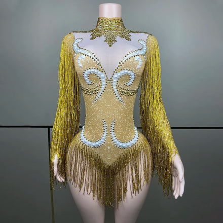 Party Outfit Sparkly Rhinestones Printed Lace Oriental Dance Costume Yellow Dress