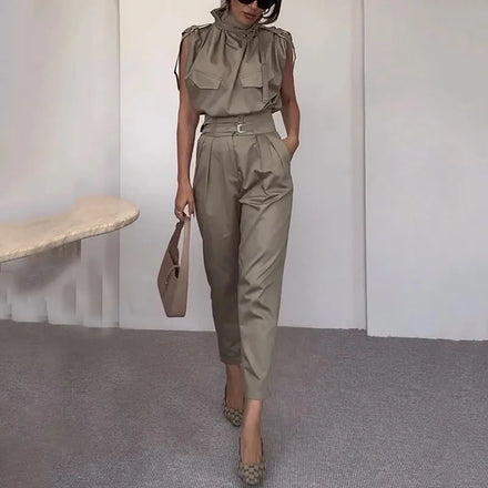 Boutique Wholesale 2026 Summer New Personalized Shoulder Style Slimming Shirt Waist Wrapped Casual Pants Women's Set