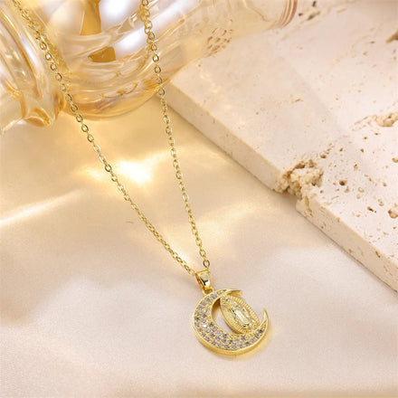 Luxury Jewelry Stainless Steel Necklace for Women Moon Shape Jesus Christianity Necklace