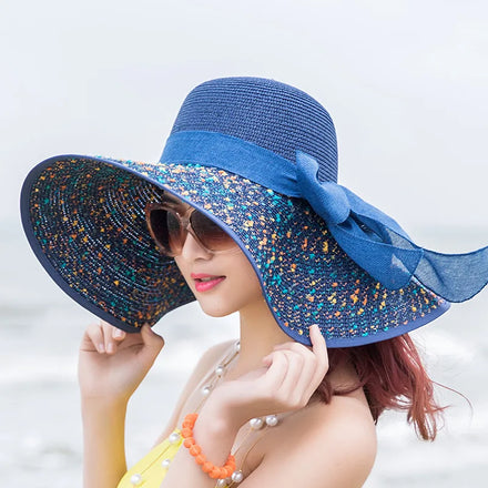 Stock Hot Sell Women Wide Brim Straw Hat Colorful Big Floppy Straw Hat Summer Sun Visor Beach Hat