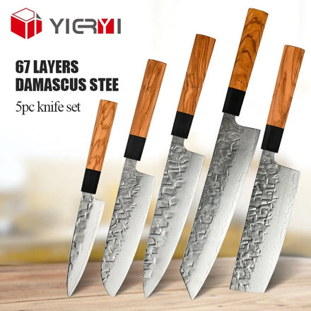 Olive Wood Handle Japanese Chef Knife Set 67 Layers Damascus Steel Nakiri Santoku Knife Kitchen Utensil