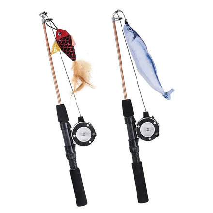 Wholesale Eco-Friendly Modern Adjustable Turntable Fishing Rod Teaser Wand Pet Fish Telescopic Long Stick Plush Style Metal for