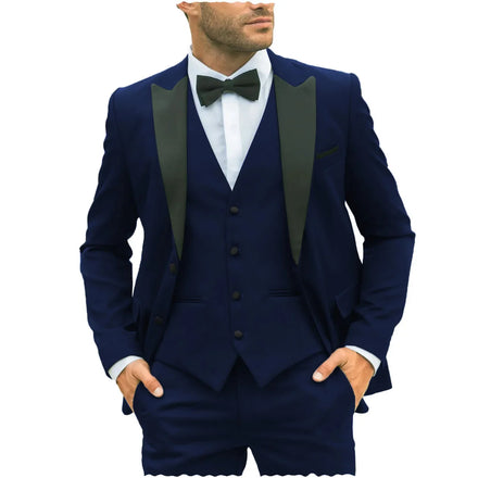 Fashion Navy Men's Suits Regular Fit 3 Piece (Jacket+Vest+Pant) Tuxedos Blazer for Evening Party Prom Man Suits Set