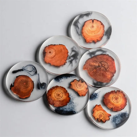 Hot japanese Resin Tea Cup Mat Creative Kungfu Tea Solid Wood Flower Crystal Epoxy Resin Coaster Set Wood Resin Coaster Round