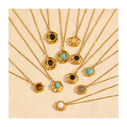 Women's Stainless Steel Flowers Geometric Natural Stone Pendant Necklace Valentine's Day Gift Waterproof Gold Plating Fashion