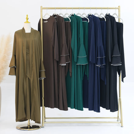 Loriya 3pcs Muslim Women Long Dress Set Dubai Abaya Ruffle Sleeves Ramadan Kaftan Open Cardigan Kimono Islamic Clothing
