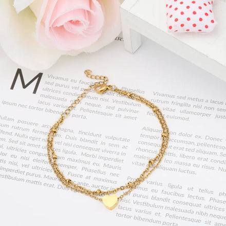 New Fashion Gold Plated Heart Charm Watch Band Bracelet Stainless Steel Double Layer Chain Beaded Bracelet or Anklet