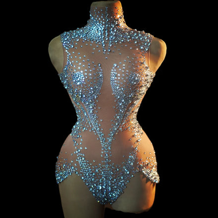 Fashion Sleeveless Crystal Bodycon Romper Ladies Show Costume Sexy Rhinestone Short Jumpsuit Club Party Prom Women Mesh Bodysuit