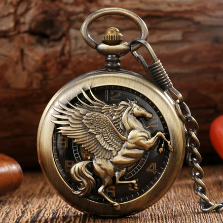 Horse Pegasus Skeleton Pocket Watch for Men Unique Gift Hollow Bronze Metal Steampunk Mechanical Locket Watch with Fob Chain