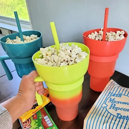 Take-out Drinking Cup PP Food Grade Plastic 2 in 1 Snack Cola Cup With Lids and Straws Creative Popcorn Cup With Bowl Holder