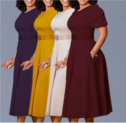 S-3XL African Round Neck Elegant Dress Temperament Waistband Bubble Sleeve Large Swing A-line Skirt
