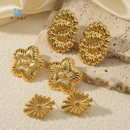 SUMMLY Trend Irregular Texture Flower Shape 18K Gold Plated Stainless Steel Earrings Fashion Jewelry Manufacturer