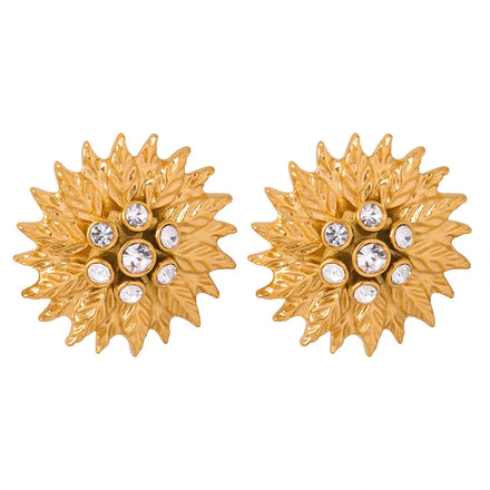 Ins Popular Large Sunflower Texture Design Earrings Cubic Zirconia Stainless Steel 18k Gold Plated Stud Earrings Pendientes