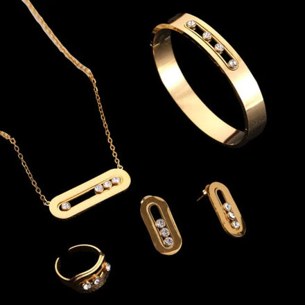 Hot Sale Stainless Steel Paperclip Bracelet Ring Earrings Iced Out Zircon Necklace Jewelry Set for Women
