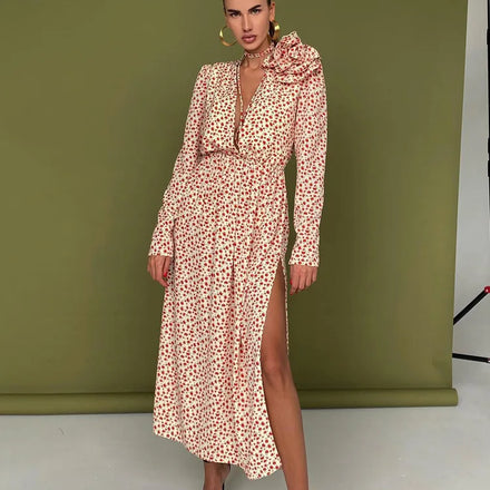 Enyami Romantic French Elegant Spring Fall Boutique Long Sleeves Floral Printed Flower Design Casual A-line Women Dress