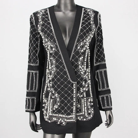 2024 Spring and Summer New Fashion Luxury Beaded Long-sleeved Mid-length Suit Jacket for Women Shiny Top V-neck Design