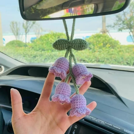 Cute Crochet Potted Plants with Handmade Knitted Mirror Accessories Car Rearview Mirror Decorative Cozy Woolen Hanging Ornament