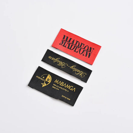 Woven Tags for Clothes Black Background Golden Logo End Fold Clothing Woven Labels
