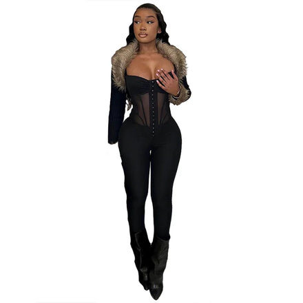 Top Fashion Chic Solid Halter Bodycon Long Sleeve Boning See Through Sexy Women Jumpsuits