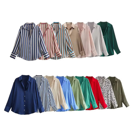ZATRHMBM Women 2024 Spring Fashion Multicolor Satin Shirt Vintage Long Sleeve Blouse Button up Female Shirts Blusas Chic Top