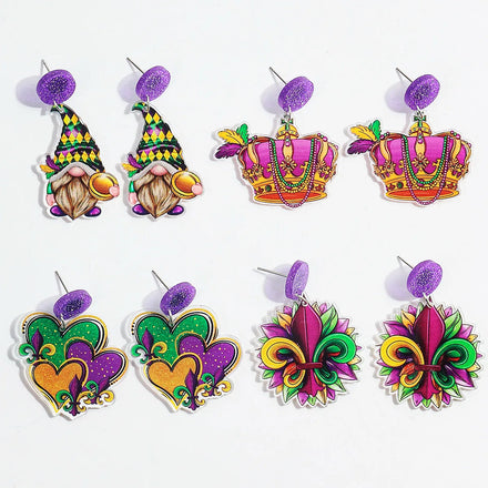 New Green Purple Mardi Gras Yellow Mixed Print Heart Crown Dwarf Sunflower Iris Design Stylish Acrylic Drop Earrings Mardi Gras