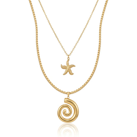 QIAOREN 11511 Stainless Steel Double Layer Necklace Starfish Conch Pendant Box Chain Adjustable Gold Beach Jewelry for Women
