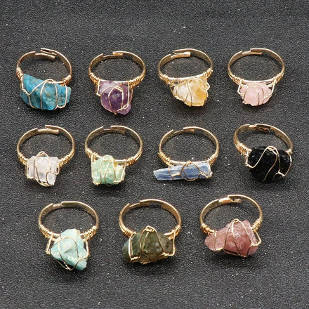 Natural Irregular Crystal Rough Stone Adjustable With Wire Wrap Design Open Ring for Women Jewelry Natural Gem Ring