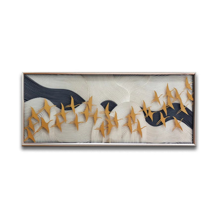 Contemporary Gold Crane 3D Wall Decor Luxury Horizontal Rectangular Metal Framed Papercraft Hotel Living Room