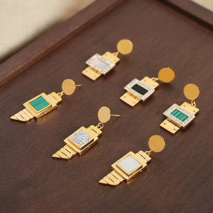 Elegant Ins Popular Geometric Square Cubic Zirconia Natural Stone Acrylic Earrings Boho Stainless Steel Gold Plated Earrings