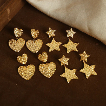 Geometric Minimalist Pleated Texture Design Double-layer Heart Star Pendant Earrings Retro Gold Plated Stainless Steel Earrings