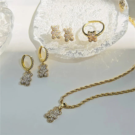 Super Shiny Diamond Bear Sweater Chain Zirconia Ring Full Diamonds Pendant Earring Necklace Earrings Ring Set