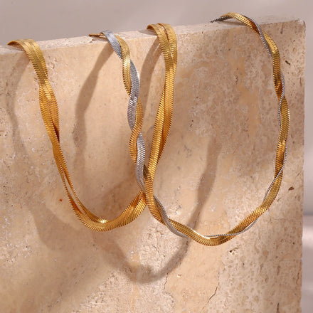 Dreamshow Spring 2024 Fashion Double Layer Twisted Stainless Steel PVD 18K Gold Herringbone Snake Chain Necklace