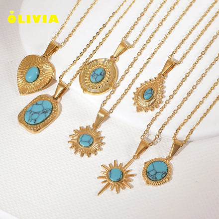 New Arrival Blue Turquoise Necklace Women Men 18k Gold Plated Stainless Steel Natural Sun Heart Stone Gemstone Pendant Necklace