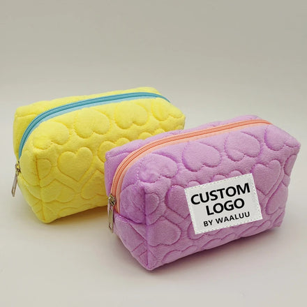 WAALUU Custom Handmade Quilted Fabric Travel Cosmetic Organizer Toiletry Bag Velvet Zipper Pouch Cute Heart Makeup Bag