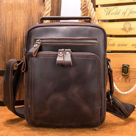 Hot Sale Custom OEM/ODM Cowhide Crazy Horse Genuine Leather Zipper Crossbody Satchel Bag for Men Vintage Small Laptop Messenger