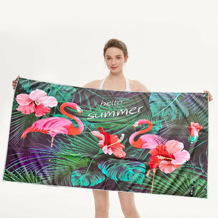 Oversized Quick Dry Flamingo Striped Beach Towel Customizable Size Soft Recycled Suede Sand-Free Extra Large Beach Printed