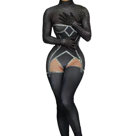 Designer Black Long Sleeves Spandex Rompers Female Show Outfit Dancer Leotard One Piece Bodysuit Women Party Rhinestone Jumpsuit