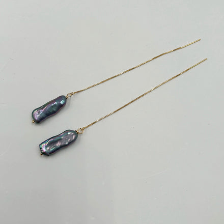 Nature Box Chain Thread Earrings Black Baroque Freshwater Pearl Drop 14K Gold Filled Wedding Gift 8 mm Pearl 8 mm Width