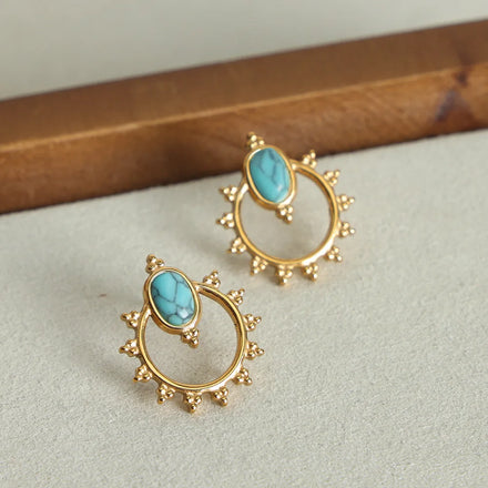 Vintage Geometric Sunflower Hollow Natural Turquoise Stone Earrings Hypoallergenic Stainless Steel Gold Plated Stud Earrings