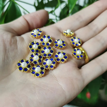Wholesale 13mm Chinese Plum Flower Diamond Blue White Pearl Earrings Wedding Dress Headwear with Flat Back Rhinestones