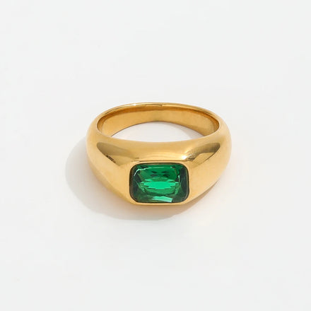 Joolim Jewelry Wholesale 18K Gold Plated Chunky Green Zirconia Stainless Steel Ring for Women Statement Ring