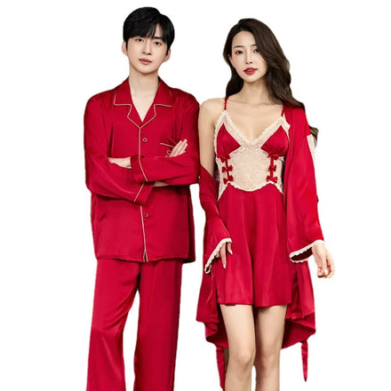 New Couple Red Happiness Wedding Pajamas Women Lace Smooth Silky Nightgown Set Long Sleeve Large Size Men's 2 Pcs Set Pajamas