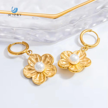 SUMMLY Retro Wholesale Trend Pearl 18K Gold Plated Stainless Steel Flower Shape Earrings Handmade Fashion Jewelry